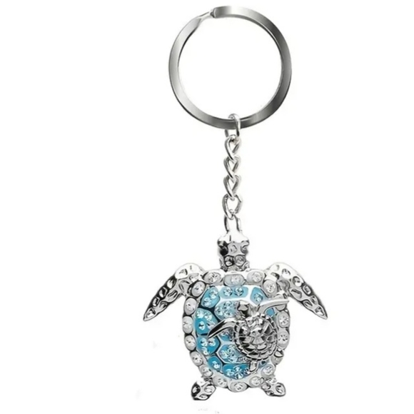 NEW Silver created blue opal sea turtle Pendant keyring turtle keychain - Picture 2 of 4